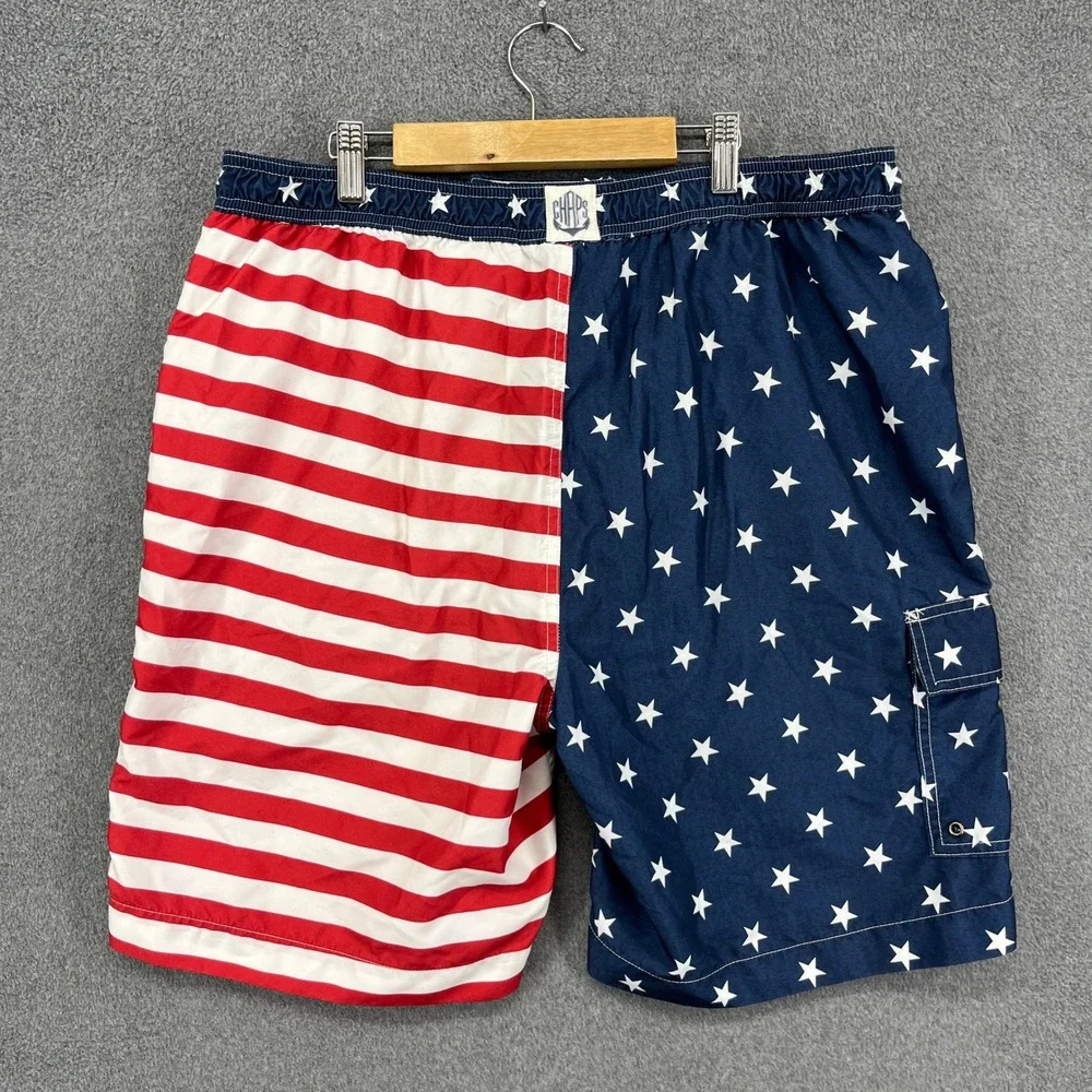 Chaps Mens Swim Trunks Board Shorts American‎ Flag Stars Stripes Size L G